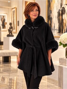 🆕😍😍😍Women’s Black Faux-Fur Trim Caplet with Tie Waist